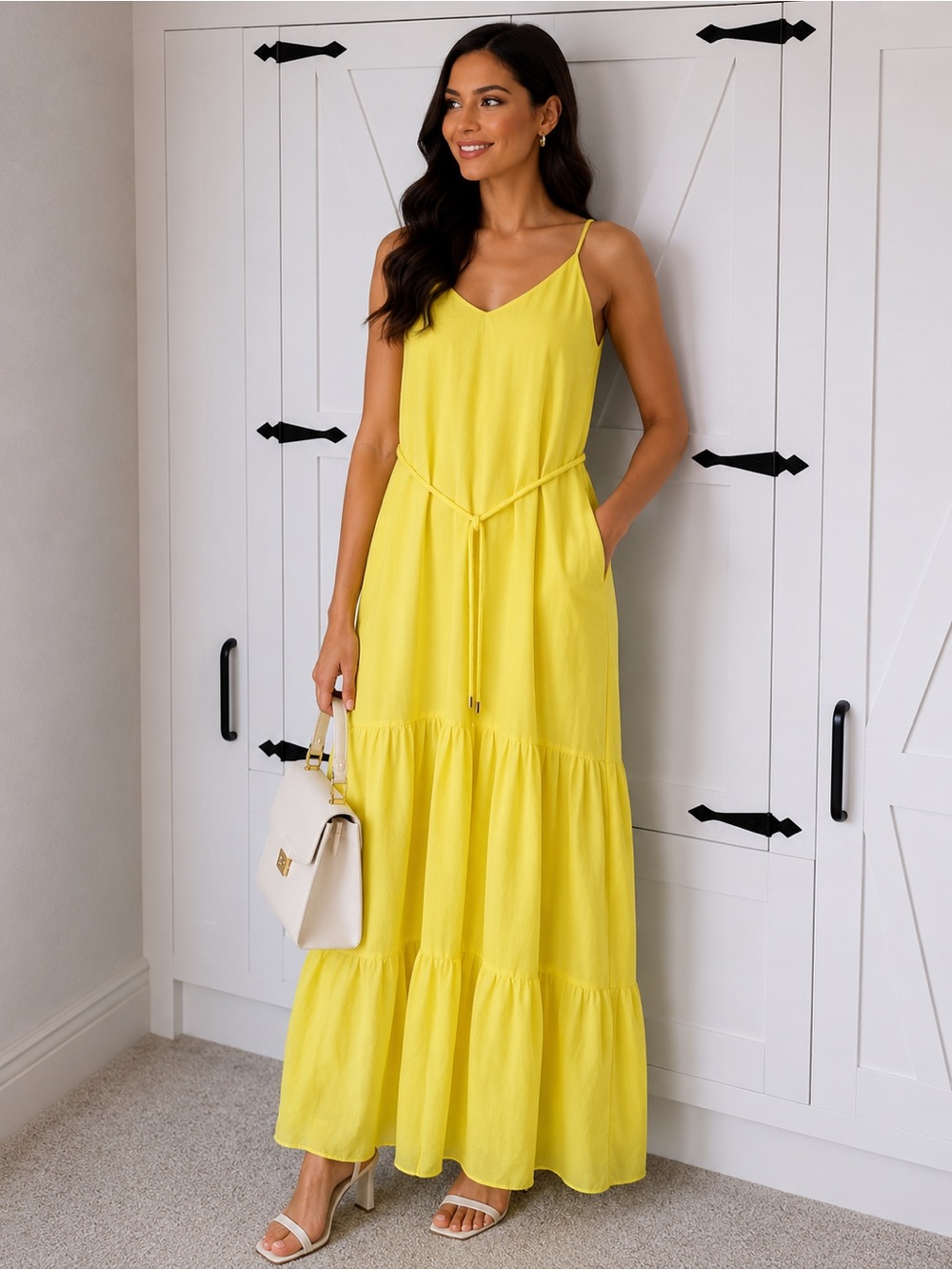 Bright Yellow Spaghetti-Strap Tiered Maxi Dress